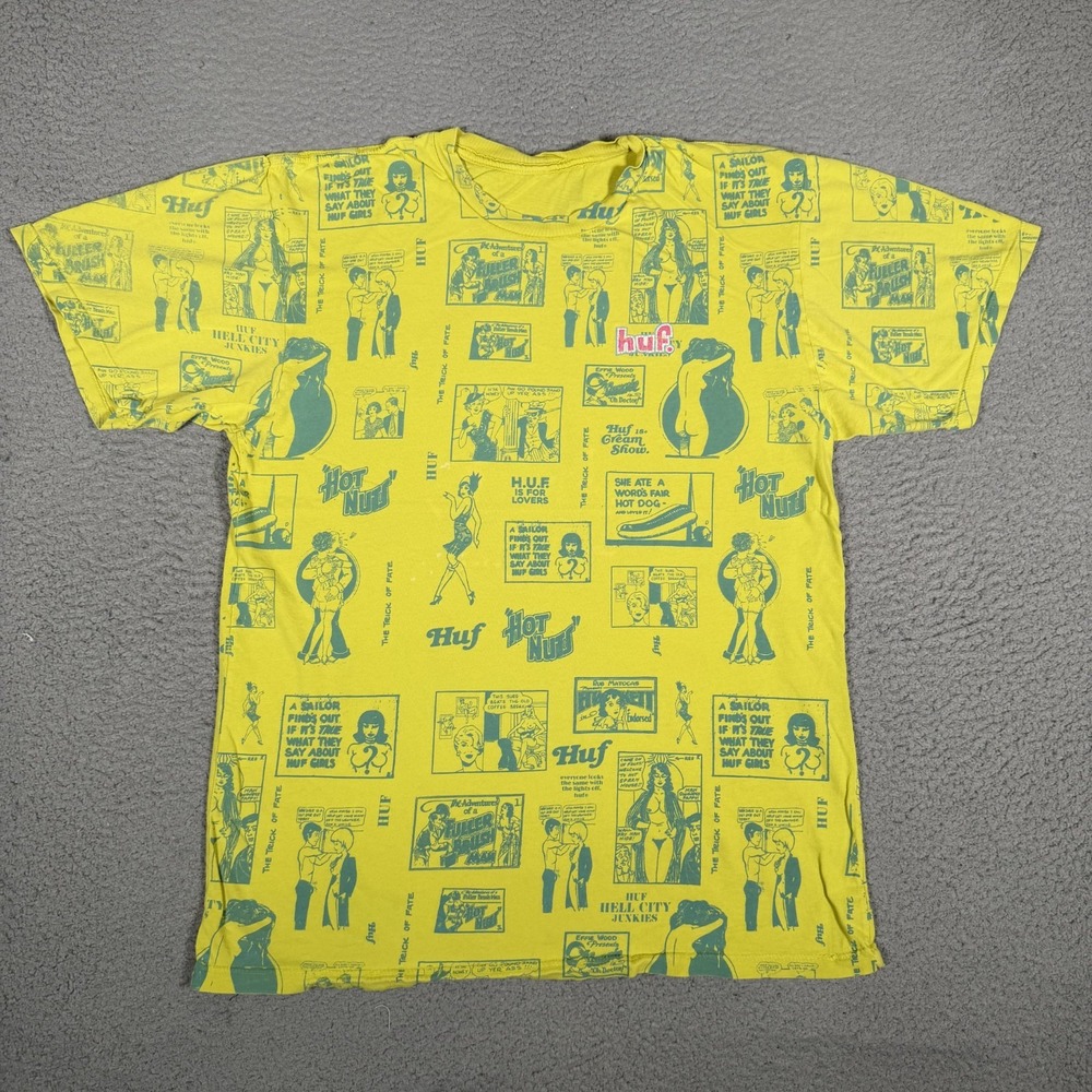 Huf Shirt Mens Small Yellow Comic Graphic All Over Print Casual Preppy Logo